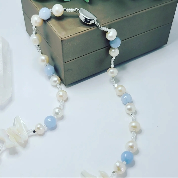 Freshwater Pearl, Aquamarine necklace - Picture 3 of 4